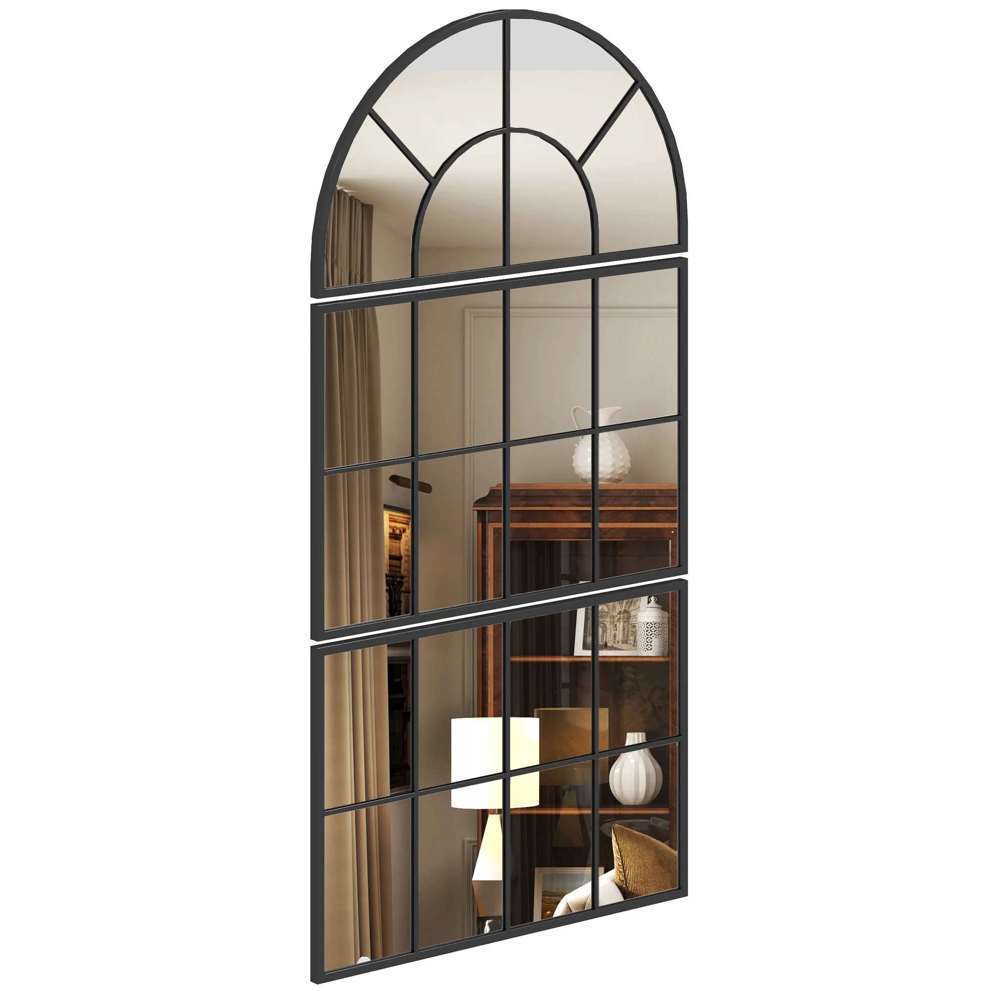Bogenförmiger Wandspiegel, Fensterförmiger Wandspiegel, 3-teiliges Set, Metallrahmen, 76 x 43 cm, Schwarz