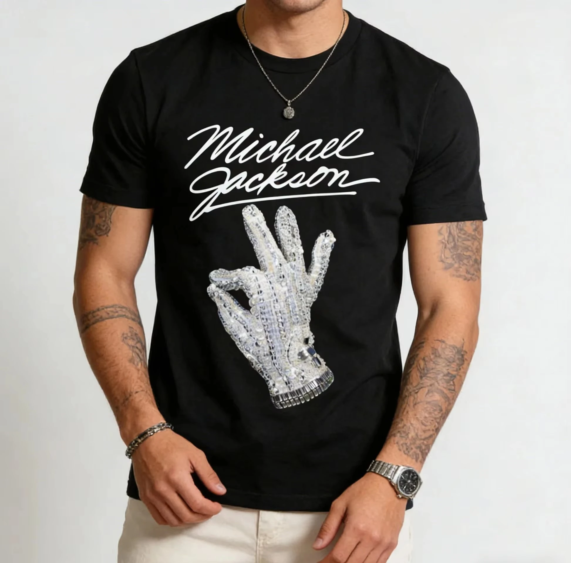 Sommer-T-Shirt für Herren mit Michael-Jackson-Buchstaben-Aufdruck, Rundhalsausschnitt, neutral, für Erwachsene, 100 % Baumwolle, atmungsaktiv, kurze Ärmel Image