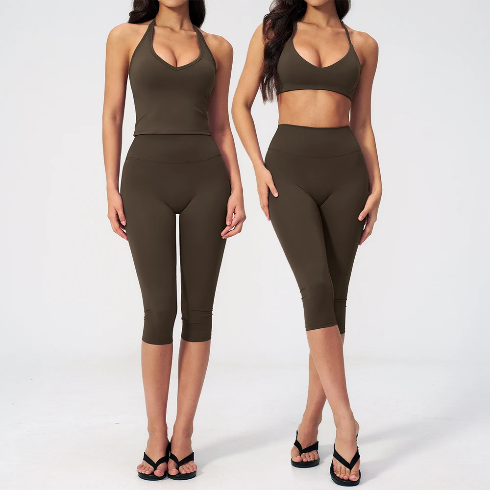 Ensemble de survêtement de yoga pour femmes, 2 pièces, ensemble de sport à manches courtes, tenue de fitness, vêtements d'entraînement, pantalon capri de course, tenue de gym, vêtements de sport