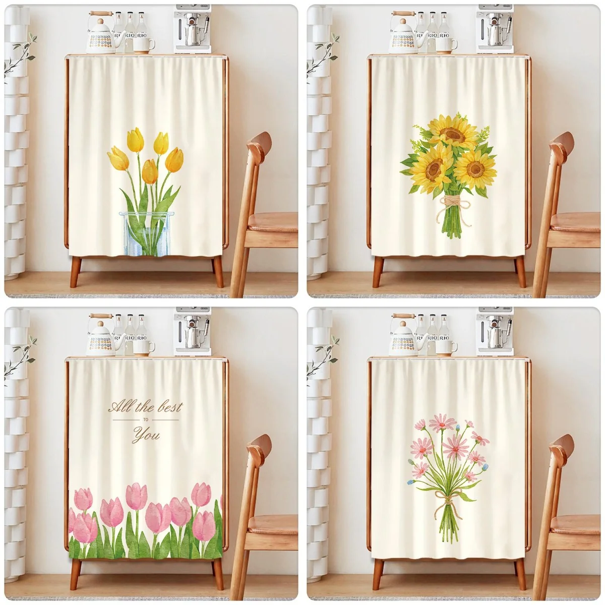 VIKAMA Vorhang mit Klettverschluss, Aquarell-Blumenmuster, ohne Bohren, staubdichte Abdeckung für Küchenschrank, Schuhschrank, Bücherregal, Wäscherei, Heimdekoration