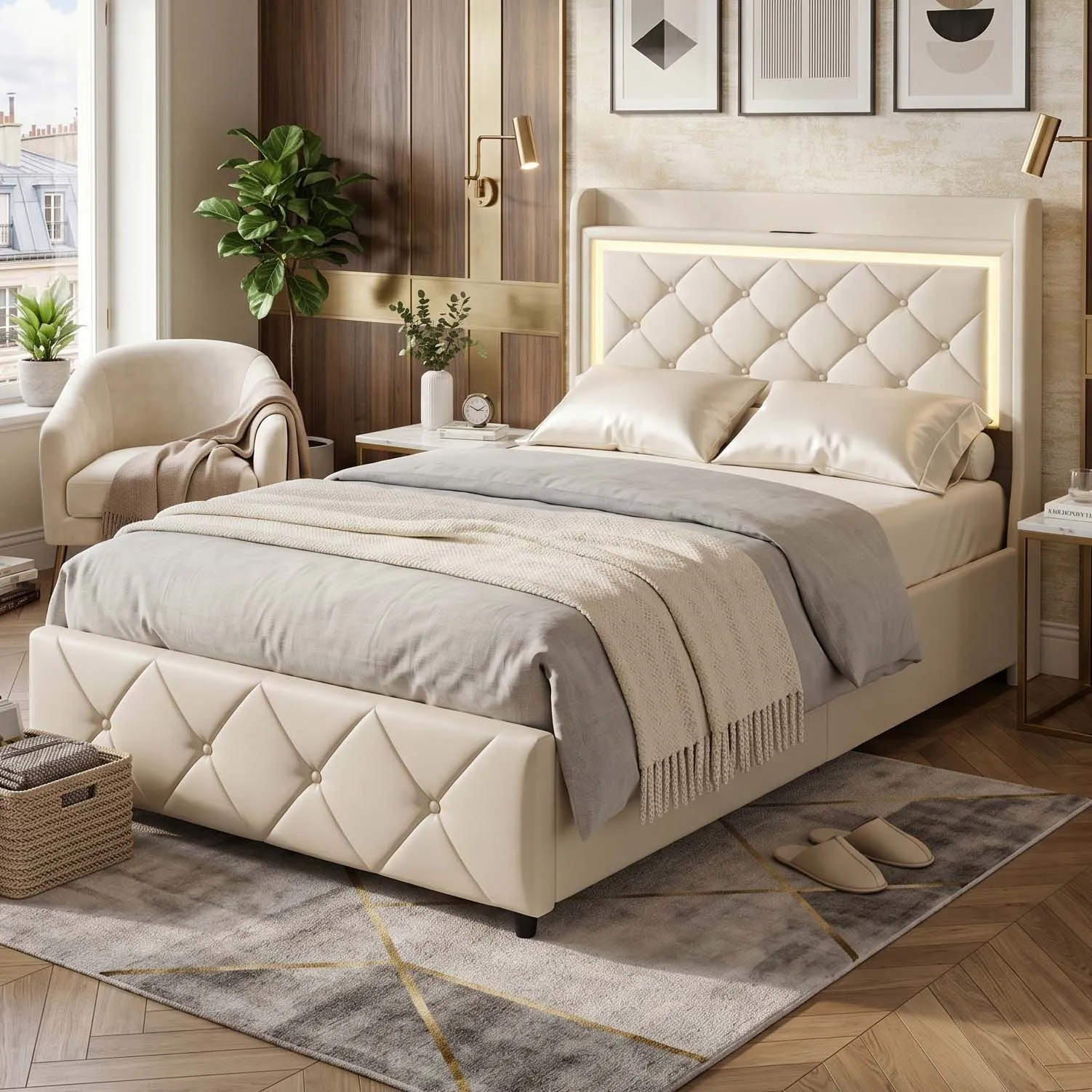 Einzelbett 90x200 Beige Samt, Kopfteil mit Ablagefach und LED RGB-Beleuchtung, Bett mit Schublade, Lattenrost, luxuriöses modernes Design, Kinder- oder Erwachsenenzimmer
