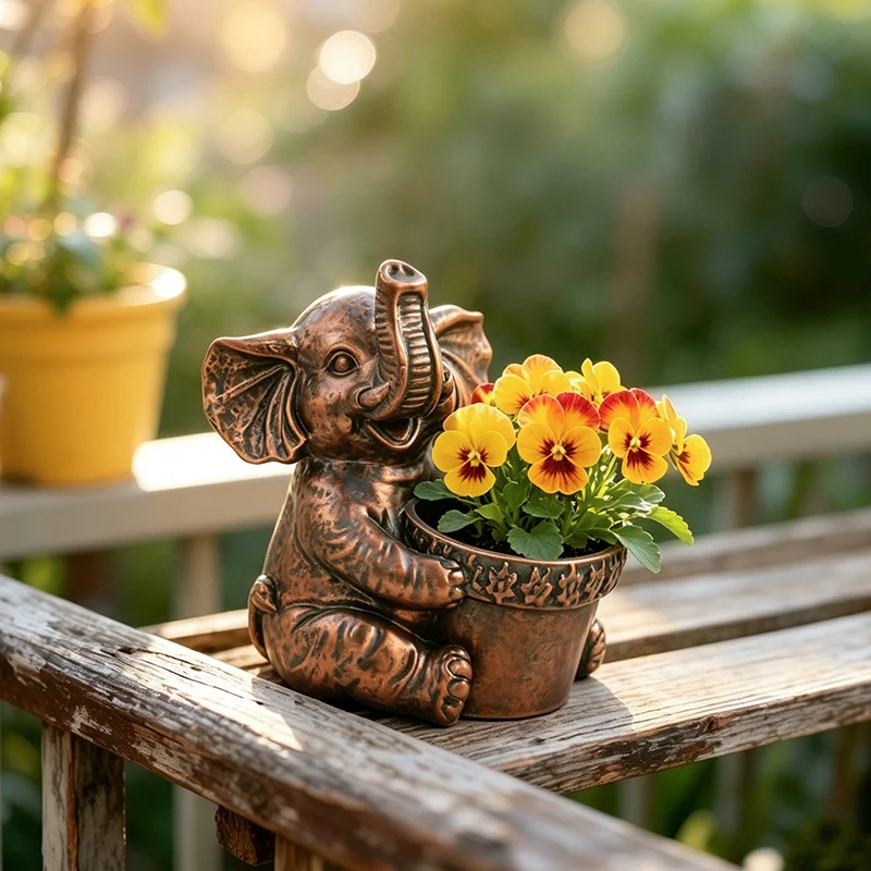 Antiker Bronze-Elefanten-Blumentopf für Stiefmütterchen, für Innen- und Außenbereich, Garten, Terrasse, Heimdekoration, einzigartiges Geschenk für Pflanzenliebhaber Image