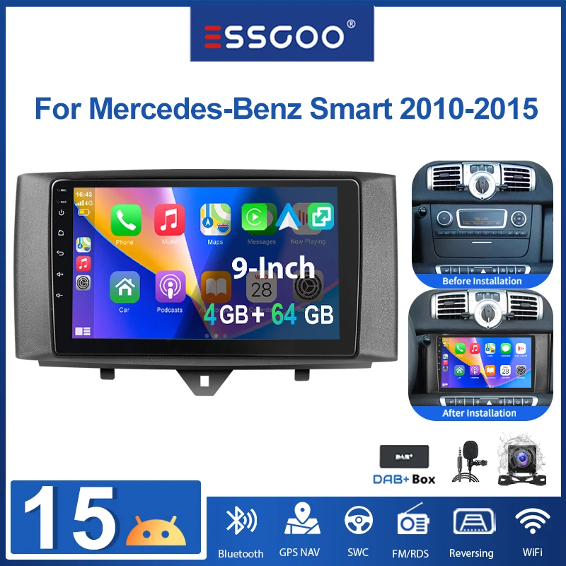 ESSGOO Android 15 4+64G für Mercedes Benz Smart Fortwo 451 2011-2015 Autoradio mit kabellosem CarPlay Android Auto GPS Navigation RDS FM WLAN Bluetooth Mirror Link Lenkradsteuerung Touchscreen Image