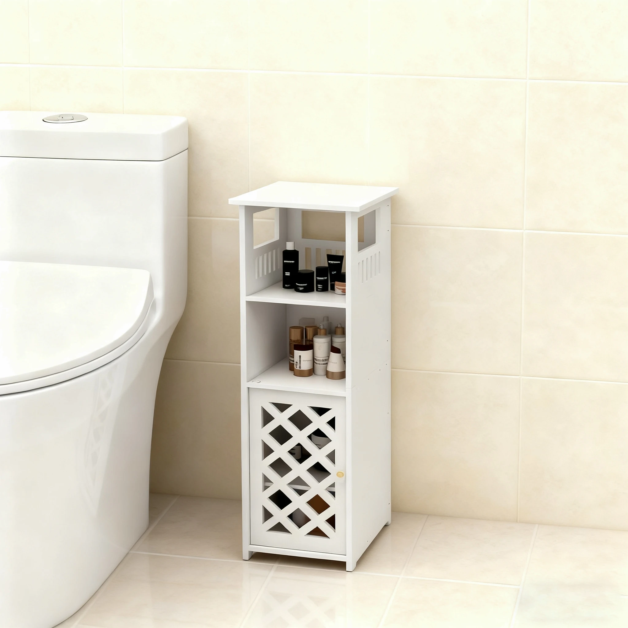 Badezimmermöbel, kleine Badezimmer-Aufbewahrungsmöbel, schmaler Schrank für Toilettenpapier, Eckschrank mit Tür und Regalen, 22 × 22 × 78 cm, Weiß