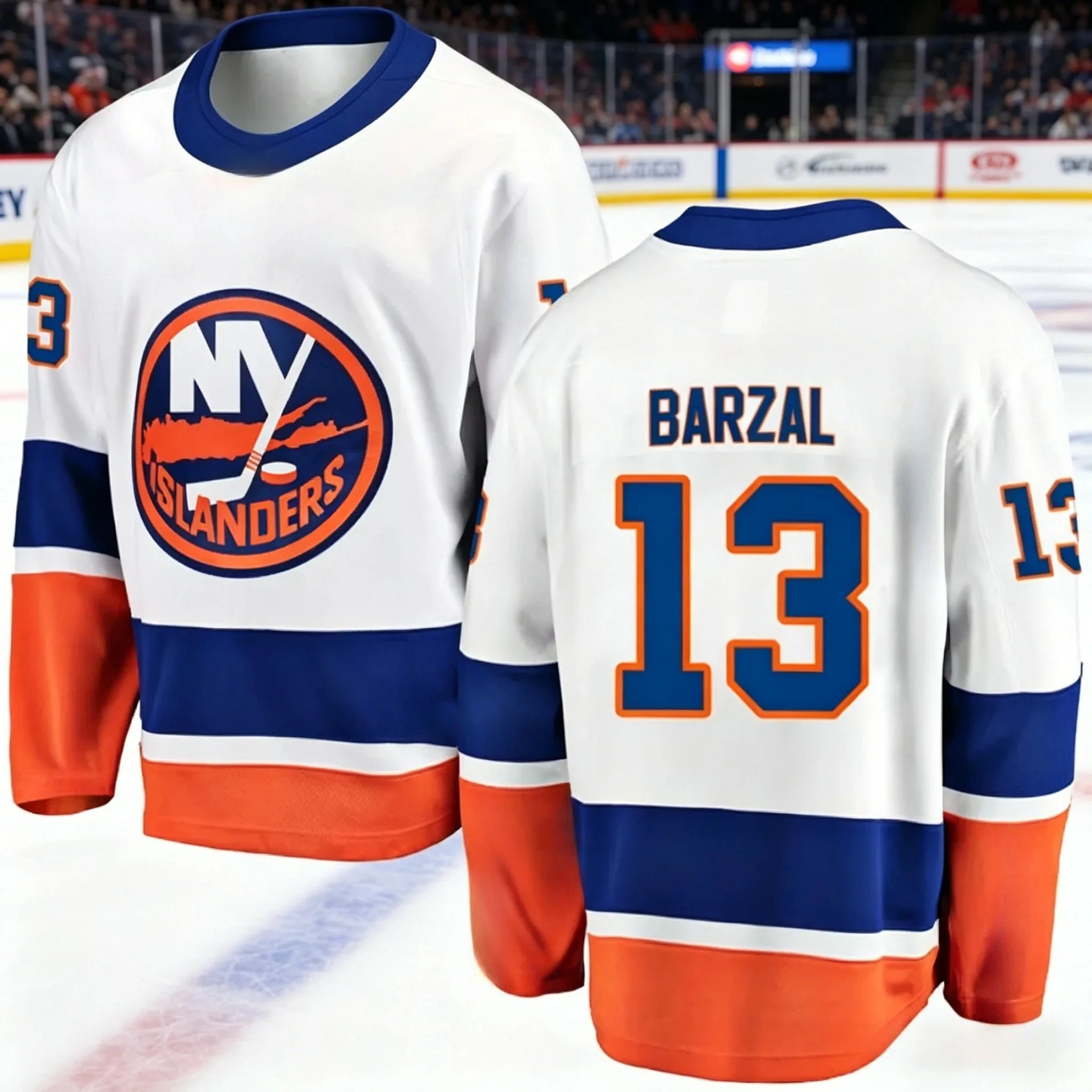 2026 NEU Herren New York Islanders Barzal 13 Eishockey-Trikot Weiß Blau Orange Langarm-Uniform für Fans und Spieler