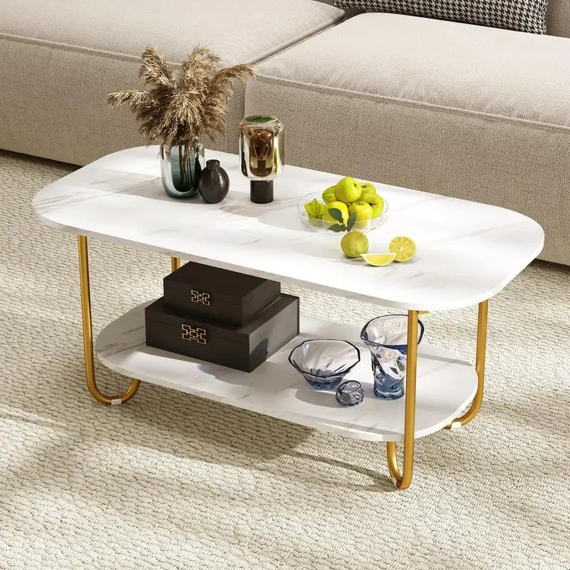 Couchtisch mit Kunstmarmorplatte und robustem Metallgestell – Weiß Image