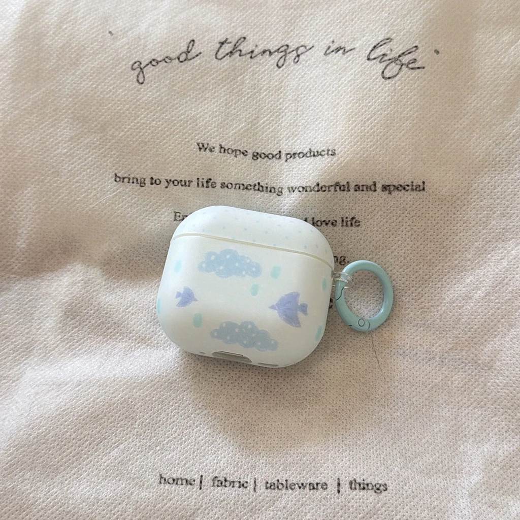 Koreanischer Stil Blaue Wolke Vogel Graffiti Matt mit Haken Stoßfeste Kopfhörer-Schutzhülle für AirPods 1 oder 2 3 4 Pro 2 Pro 3 Image
