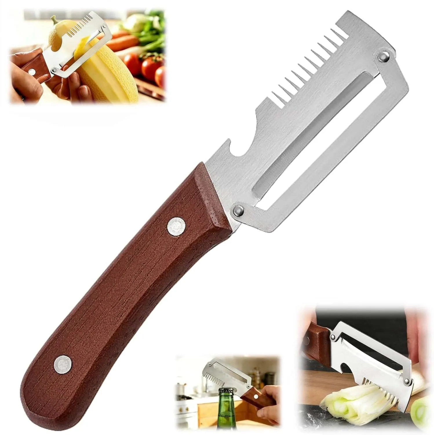 Multifunktionaler Gemüseschäler 3-in-1 Küchenhelfer mit Holzgriff, Flaschenöffner und Zerkleinerer, geeignet für Kartoffeln Image