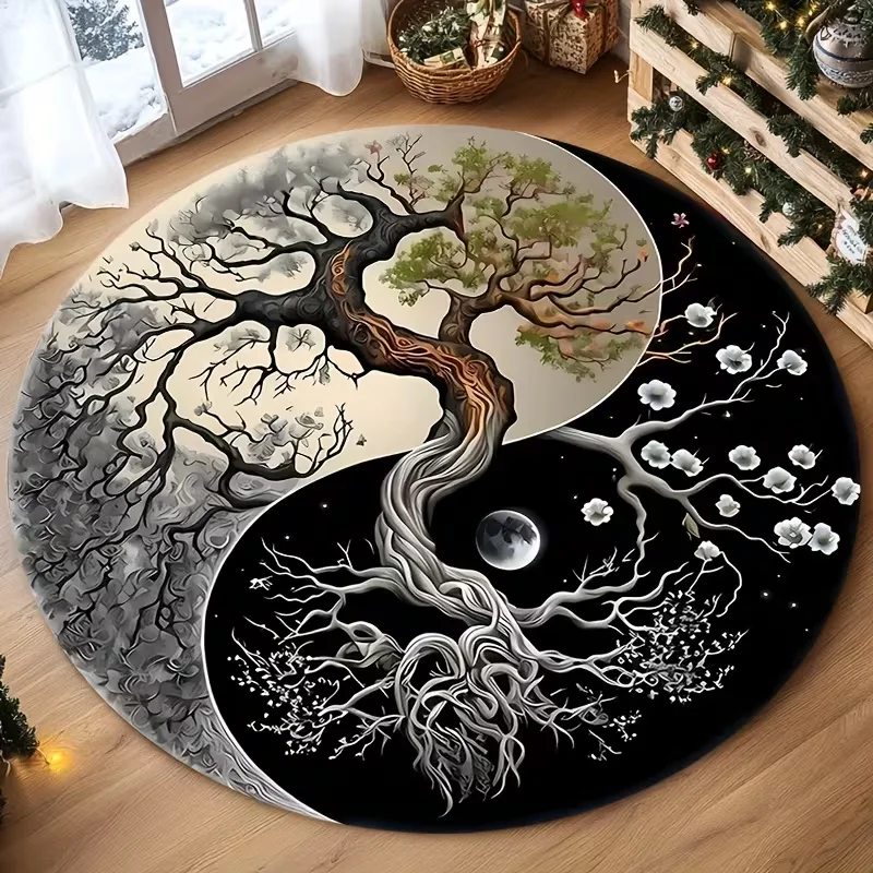Yin Yang Lebensbaum Runder Teppich Weicher Rutschfester Boho Zen Wohndekor Bodenmatte Schwarz-Weiß Baum-Mond-Design Teppich für Wohnzimmer Image