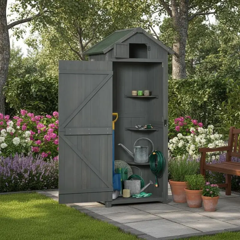 Abri de jardin/chalet 77 x 54,2 x 179 cm ​ ​ Abri de jardin / remise. Construit en bois massif robuste, idéal pour ranger les outils agricoles dans une cour ou un jardin, ou comme abri de rangement