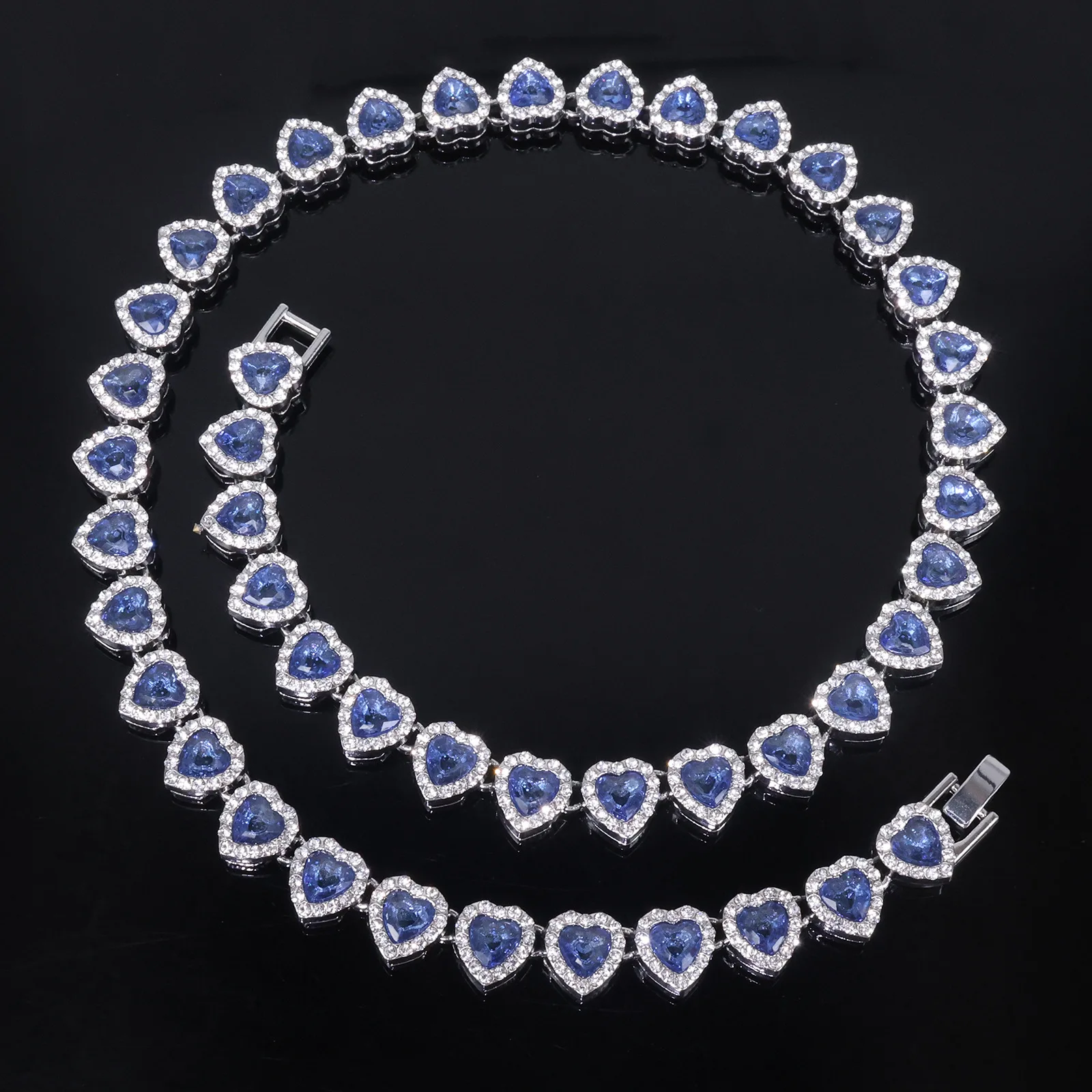 ZAKOL 45/20CM Hip-Hop Grünes Herz Strass Tennis-Kette Armband Halskette Silberfarbenes Metall Luxuriöses Schmuckset