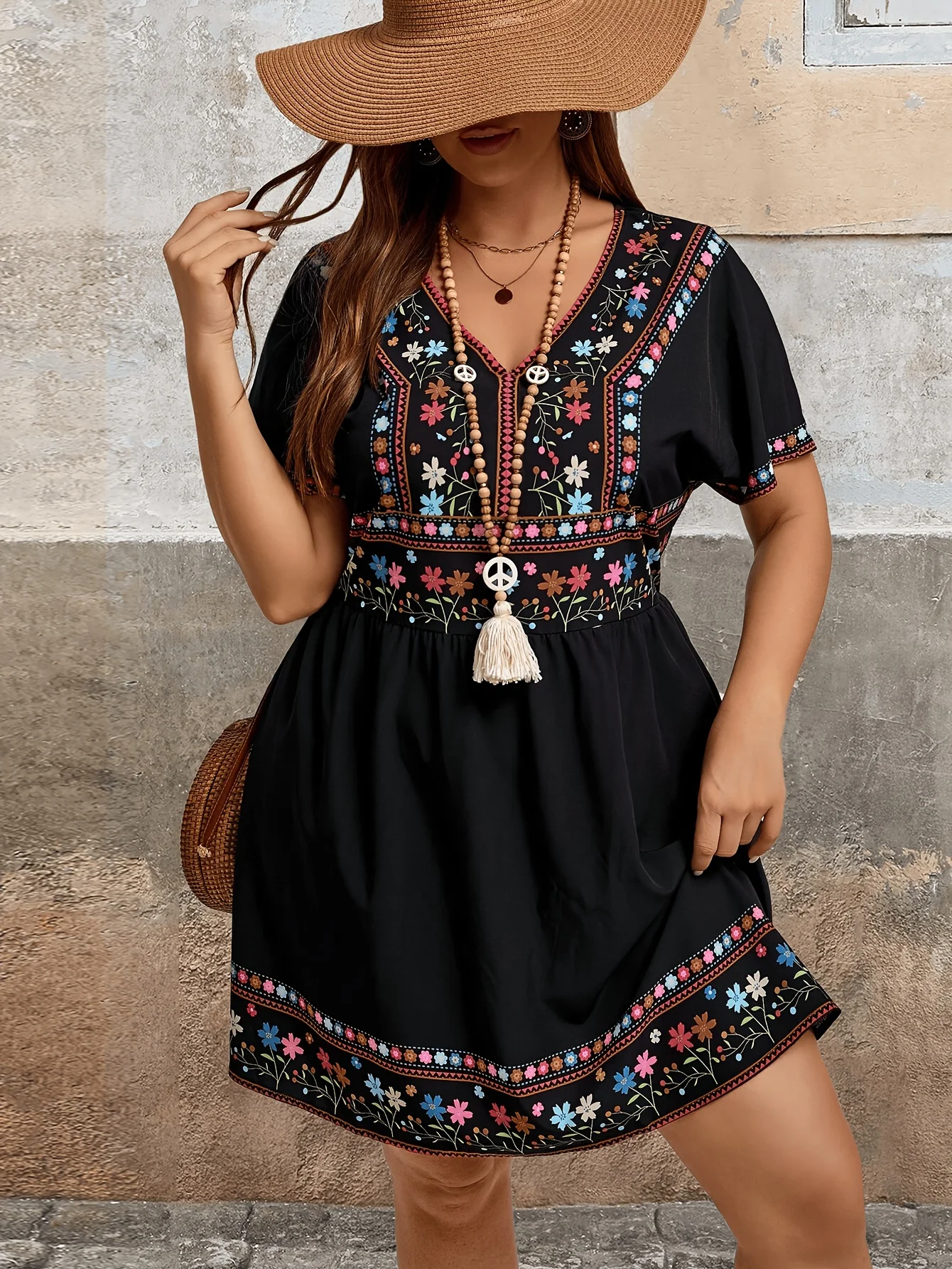 Modisches Ethno-Print-Kleid in Übergröße, Damen Freizeitkleid mit Blumenmuster und langen Ärmeln, Sommer-Partykleid Image