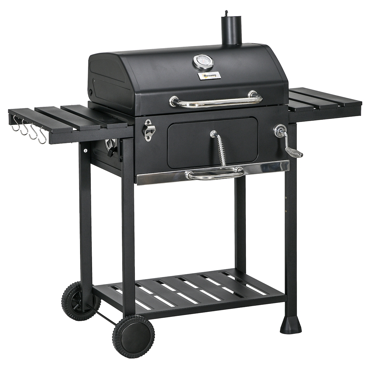 STILVORA Holzkohlegrill Edelstahl Schwarz 120x64x114 cm mit Deckel, Kurbel & Seitenablagen Image