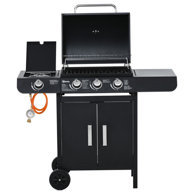 OKWISH Gasgrill Metall Schwarz 110x50x100 cm mit 3 Brennern, Seitenbrenner, Warmhalterost, Thermometer und Unterschrank Image