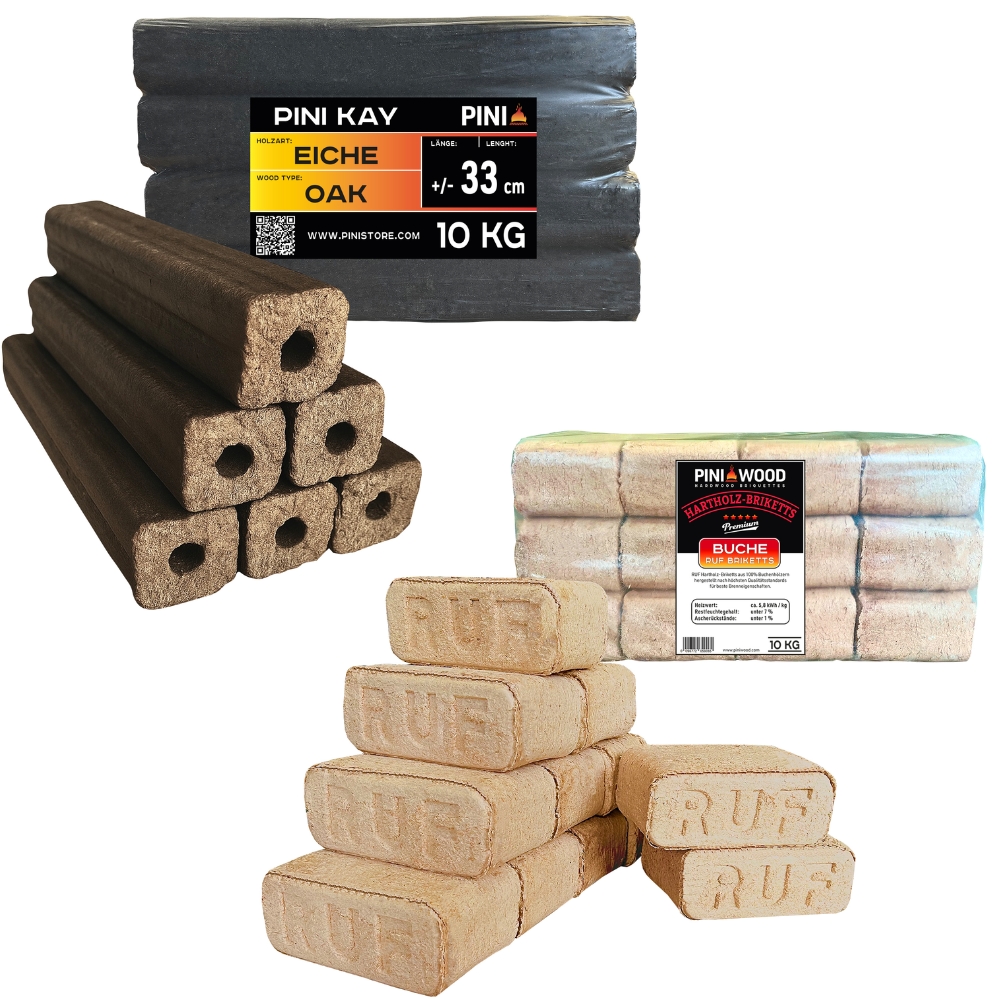 PINI Premium Holzbrikett Set – Buchenholz RUF + Eichenholz PINI KAY, 10 kg + 10 kg Image