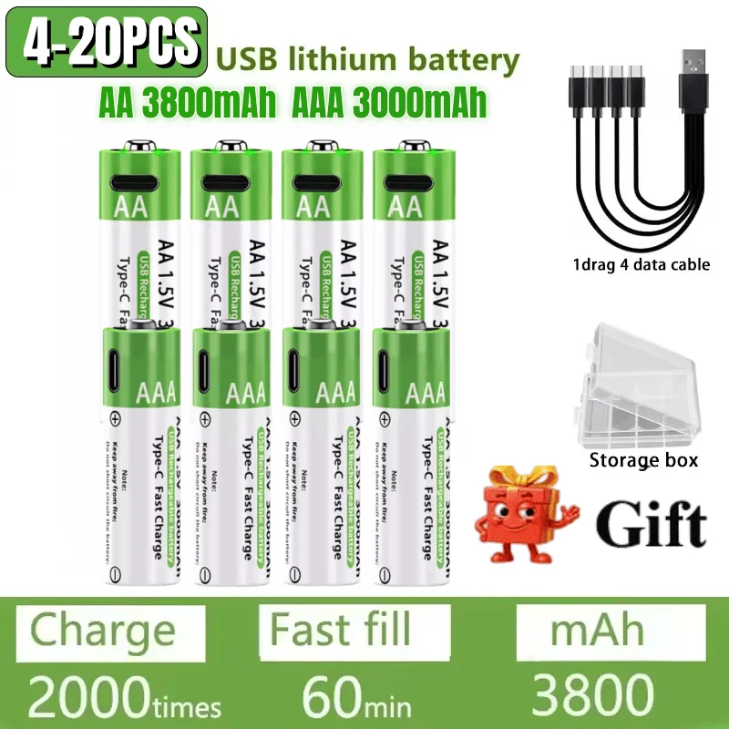 4-32PCS AA/AAA wiederaufladbare Lithium-Batterie, 1,5 V, konstante Spannung, 3000 mAh/3800 mAh, schnelles Laden, Typ C, für ferngesteuerte Maus, Spielzeug usw. Image