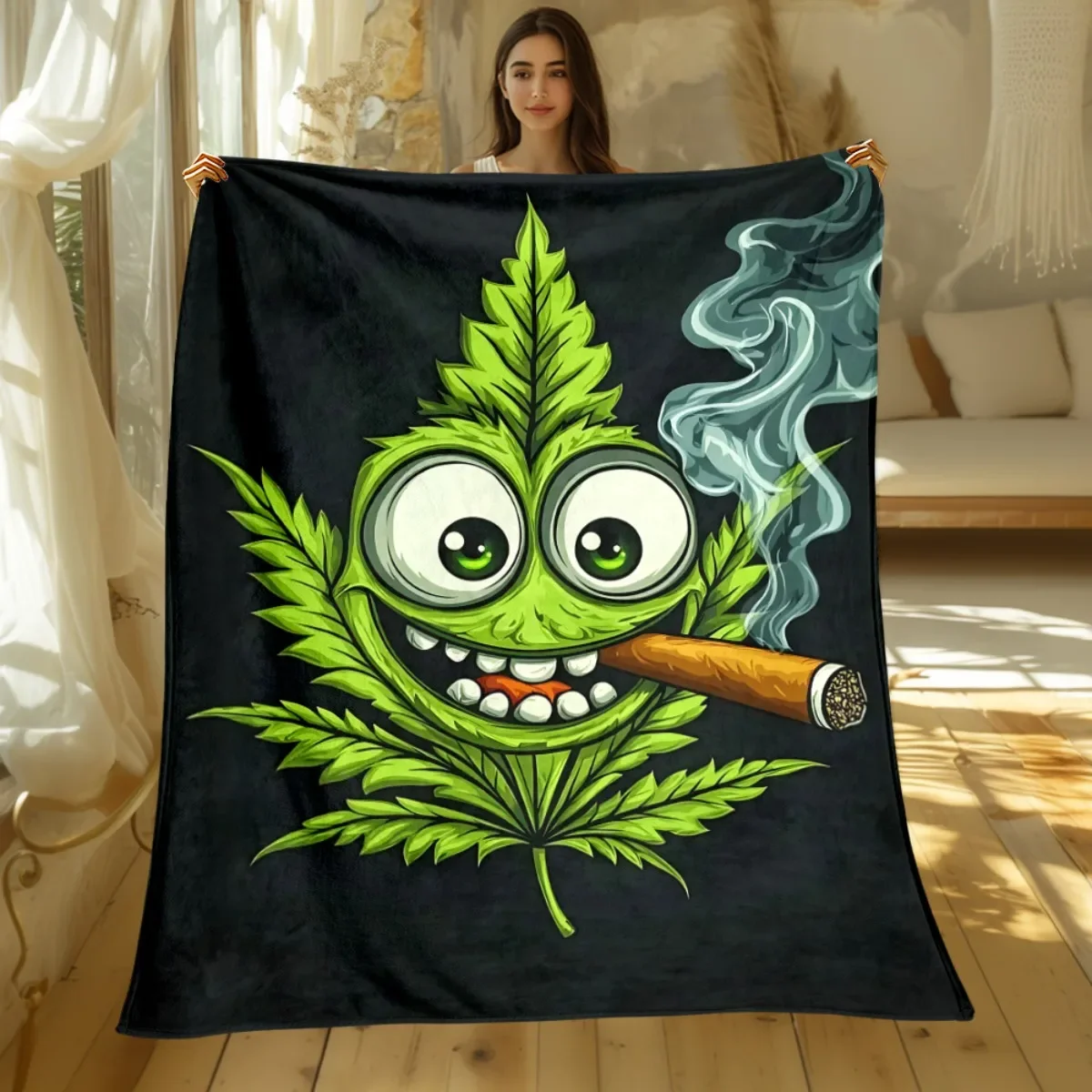 Lustige Cannabis-Blatt-Gesichtsdecke mit Rauchmotiv – Flanelldecke für Stoner-Humor, Weed-Liebhaber-Geschenk, Marihuana-Themen-Überwurfdecke für Männer Image