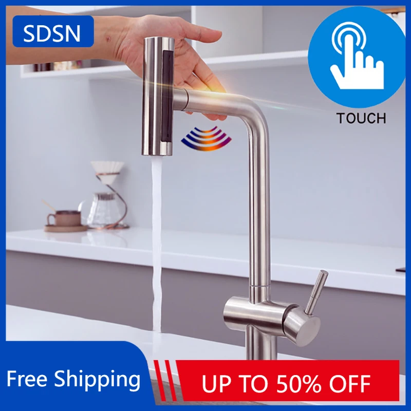 Fly Rain Touch robinets de cuisine en acier inoxydable 304, robinet mitigeur d'évier de cuisine extractible chaud et froid, robinet de cuisine tactile en Nickel brossé