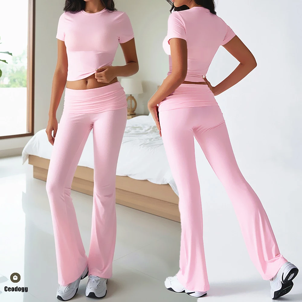 Ensemble de yoga 2 pièces pour femme, haut court à manches courtes, legging évasé taille haute, tenue de sport, tenue de sport pour la salle de sport, la course à pied, le jogging, XP117