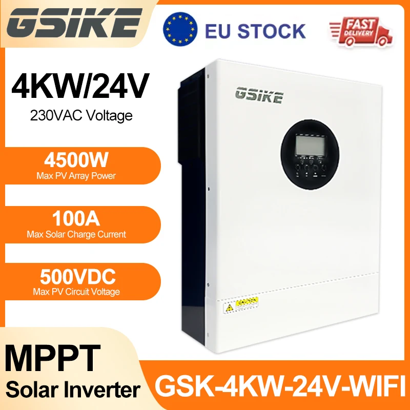 Onduleur solaire hybride GSIKE 24V 4KW 230V à onde sinusoïdale pure avec WIFI, double MPPT 120A, chargeur solaire BMS pour la maison, onduleurs MPPT hors réseau à onde sinusoïdale pure 100A 120A 230V 50/60Hz, onduleur chargeur solaire