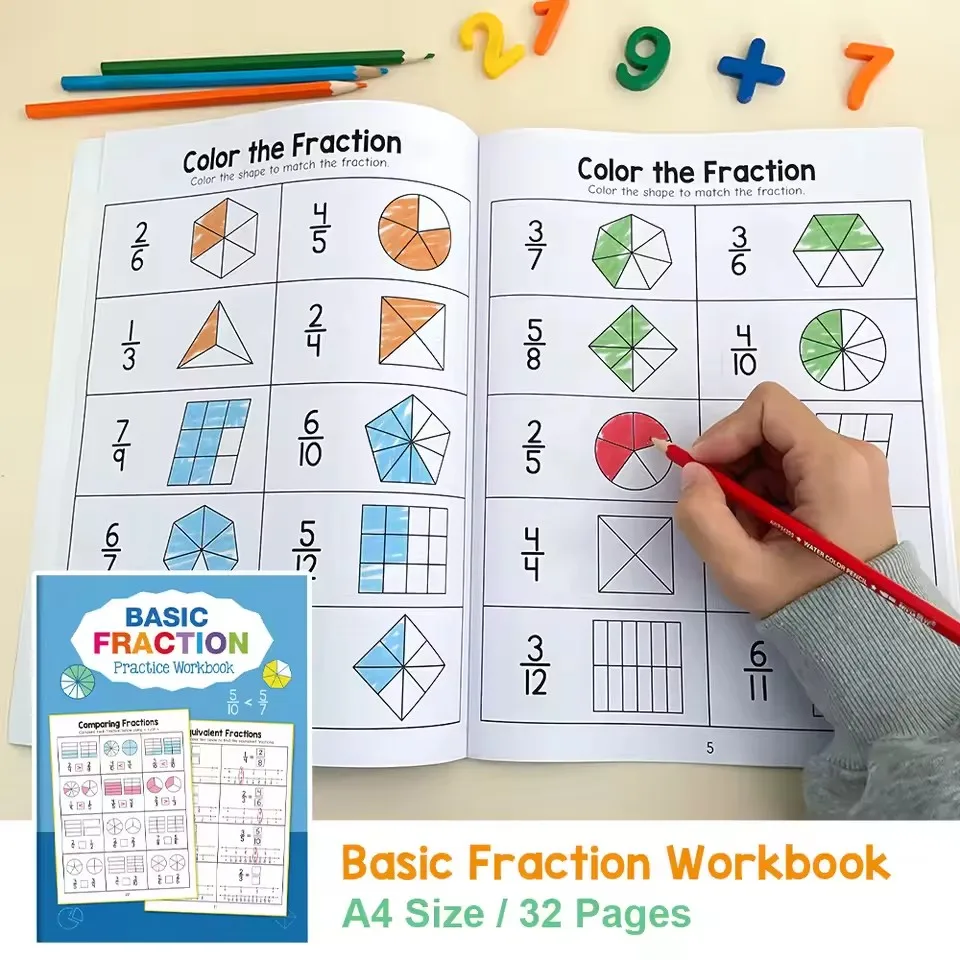 Cahier d'exercices de Fractions Montessori, outils pédagogiques pour l'apprentissage de l'arithmétique, livre de Test de formation cognitive des mathématiques pour l'école primaire de la 3e à 4e à l'école primaire
