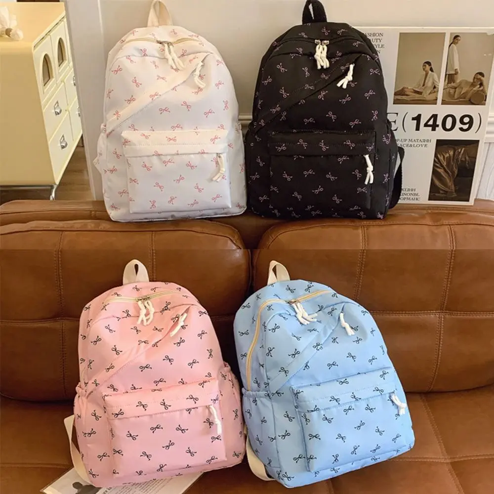 Sac d'école pour étudiants avec imprimé nœud mignon, sac à dos en nylon de grande capacité, sacs d'école
