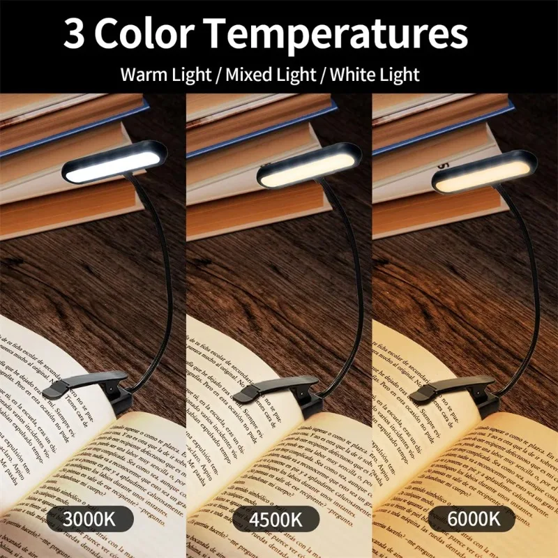 Lampe de lecture LED pour livre, lumière de lecture, protection des yeux, clip-on, rechargeable par USB, lumière tamisable, lampe flexible réglable, lampe de lecture nocturne