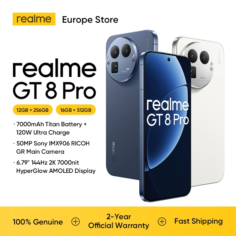 Smartphone realme GT8 Pro 5G 7000 mAh Android 16 AMOLED 120W Ultra Charge+50W Charge sans fil Smartphone Snapdragon 8850, appareil photo 200MP, 50MP IMX906 OIS, écran 6.78' 2K 144Hz, IP69 Snapdragon 8 Elite Gen 5 Chargeur non inclus