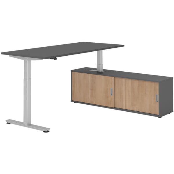 HAMMERBACHER Schreibtisch höhenverstellbar (elektisch) inkl. Sideboard »Alicante« 180 cm T-Fu grau, 180x120x80 cm