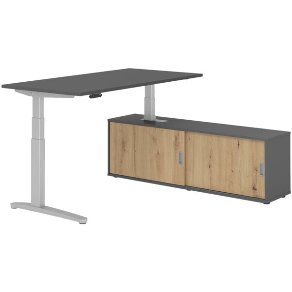 HAMMERBACHER Schreibtisch höhenverstellbar (elektisch) inkl. Sideboard »Alicante« 160 cm C-Fu grau, 160x129x80 cm