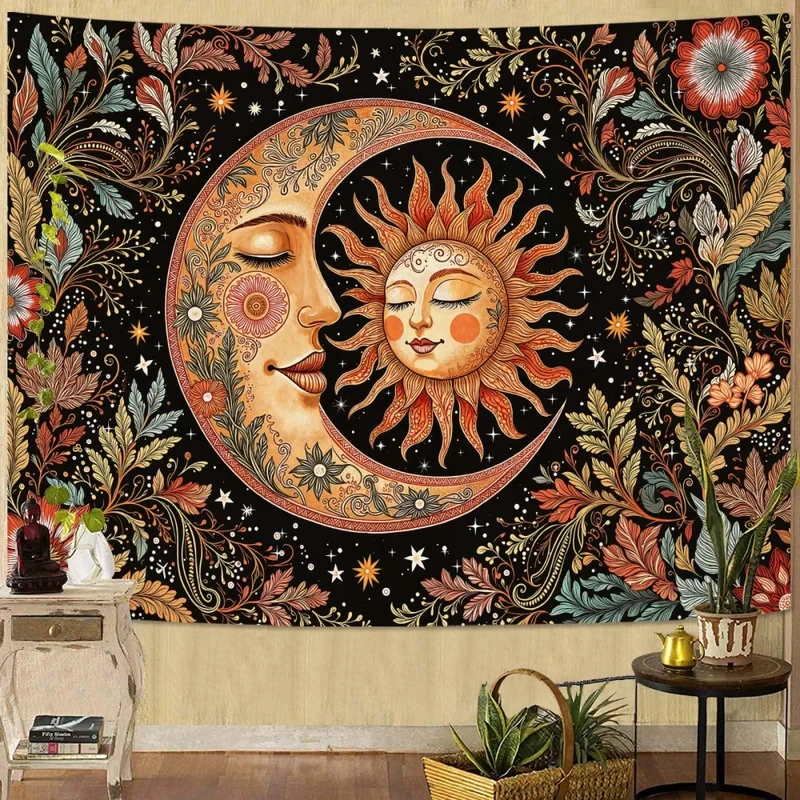 VIKAMA Wandteppich mit Blumenmuster, Sonne und Mond, Wandbehang für Schlafzimmer, Wohnheim, Wohnzimmer, Boho- und himmlische Heimdekoration Image