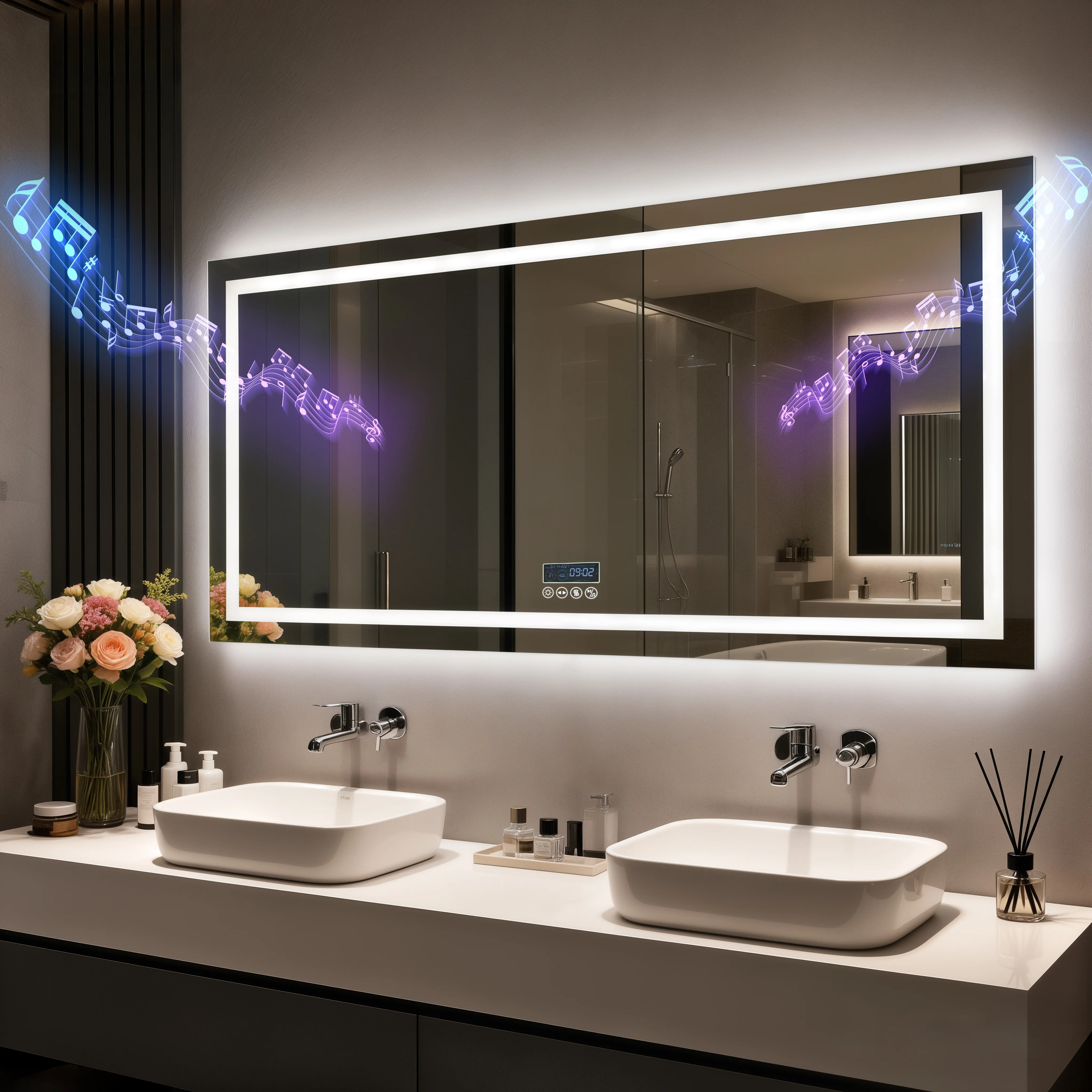 80/100/120/140 cm LED-Badezimmerspiegel mit Bluetooth-Lautsprecher, beschlagfrei, dimmbar, 3 Lichter, Zeiteinstellung, Hintergrundbeleuchtung, Kosmetikspiegel, Wandspiegel