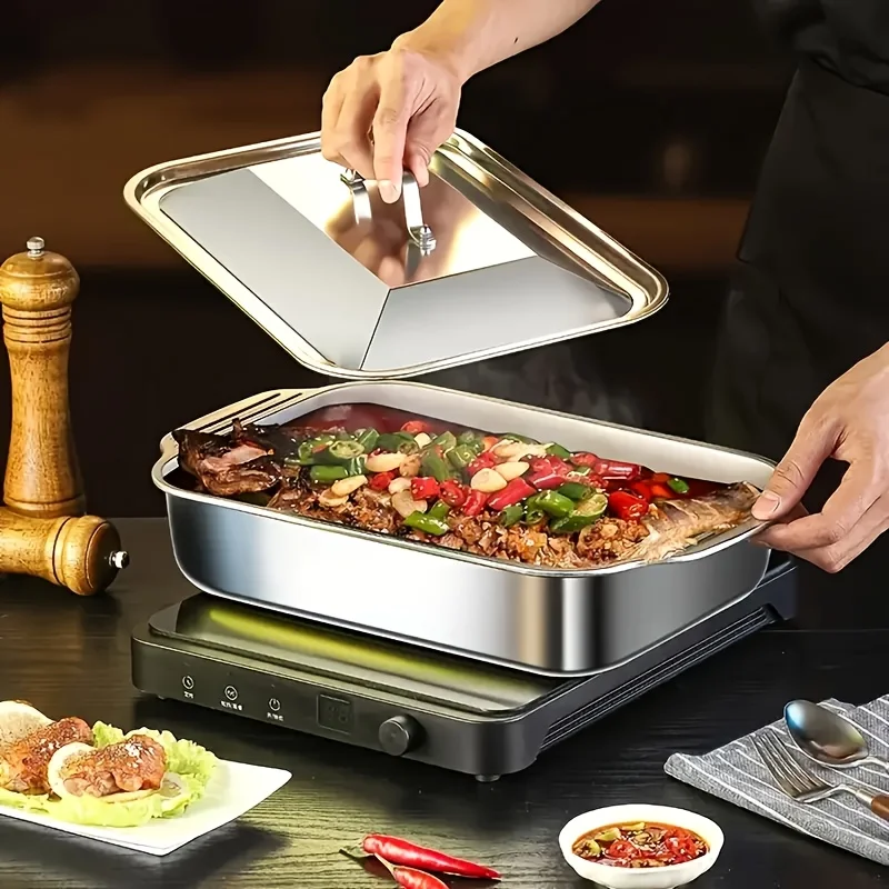 1-teiliges Set aus verdicktem Edelstahl-Grillteller mit Deckel, Grillplatte, runde Grillpfanne, geeignet für Grill und Fischgrill