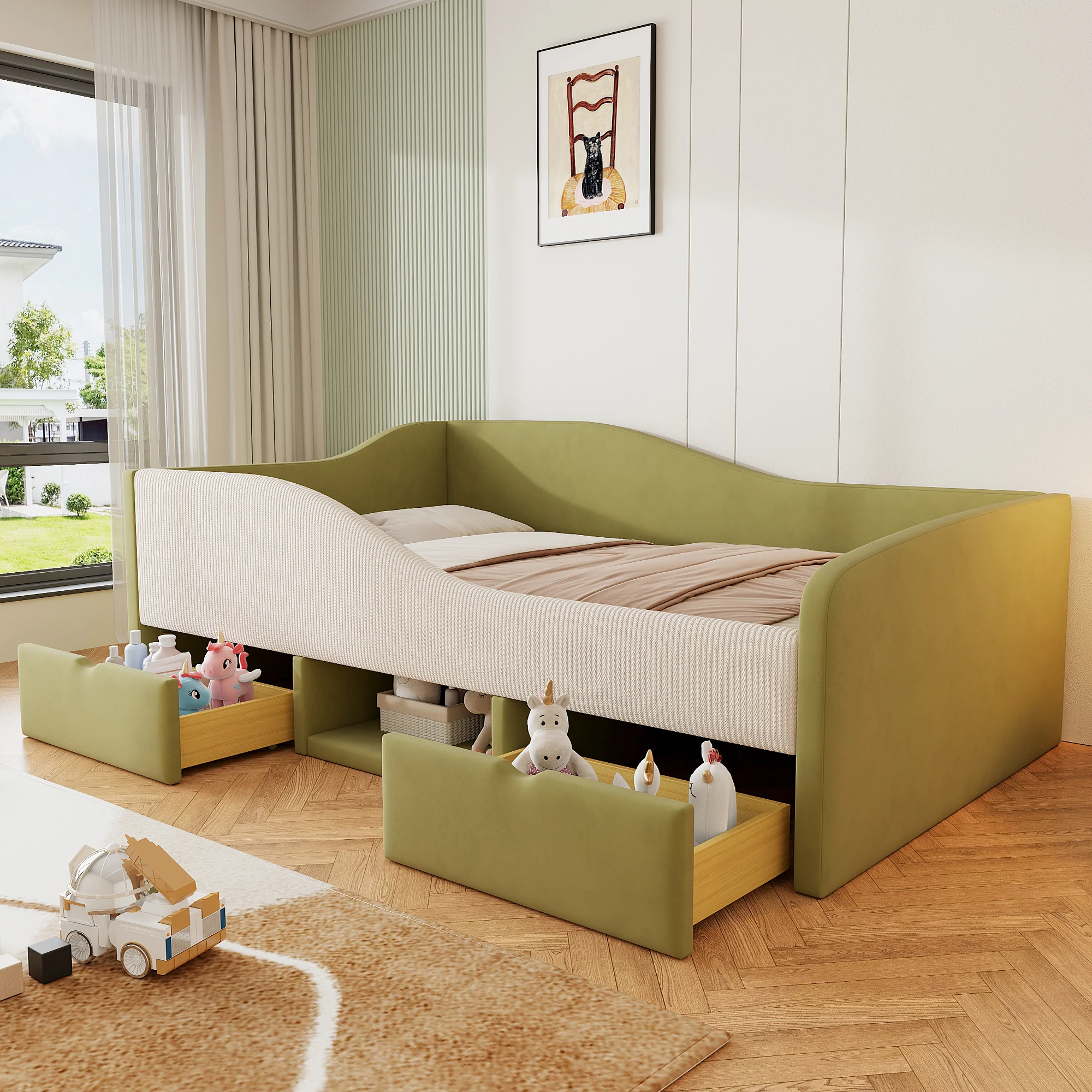 Kinderbett 90x190 cm, gepolsterte Absturzsicherung & 2 Schubladen, stabil, Kinderzimmer, Stauraum, Samt grün & elfenbein, ohne Matratze