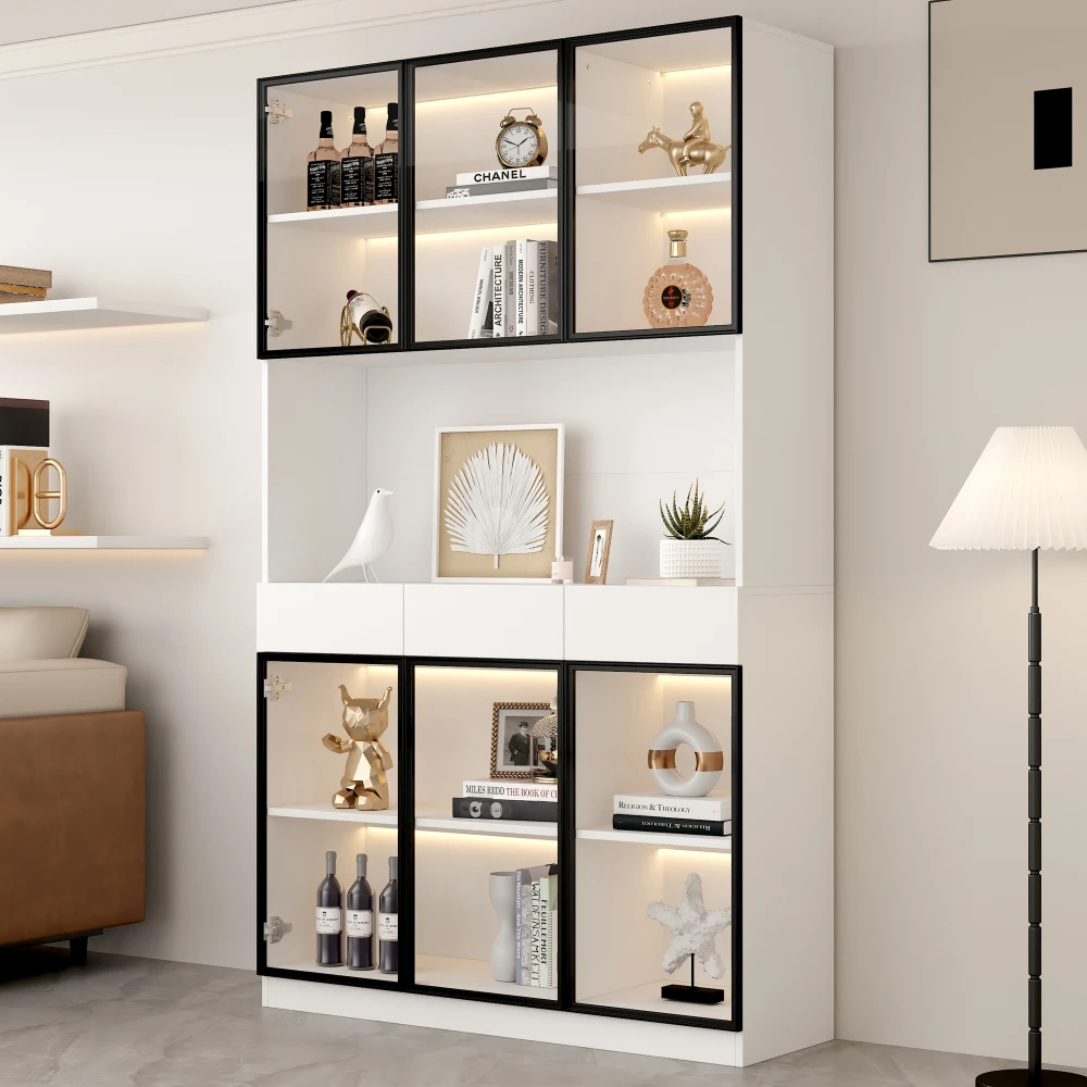 Glasvitrine 200cm hoch, weißer Vitrinenschrank mit LED-Beleuchtung, Multi-Storage-Bücherregal für Sammlungen und Schlafzimmer
