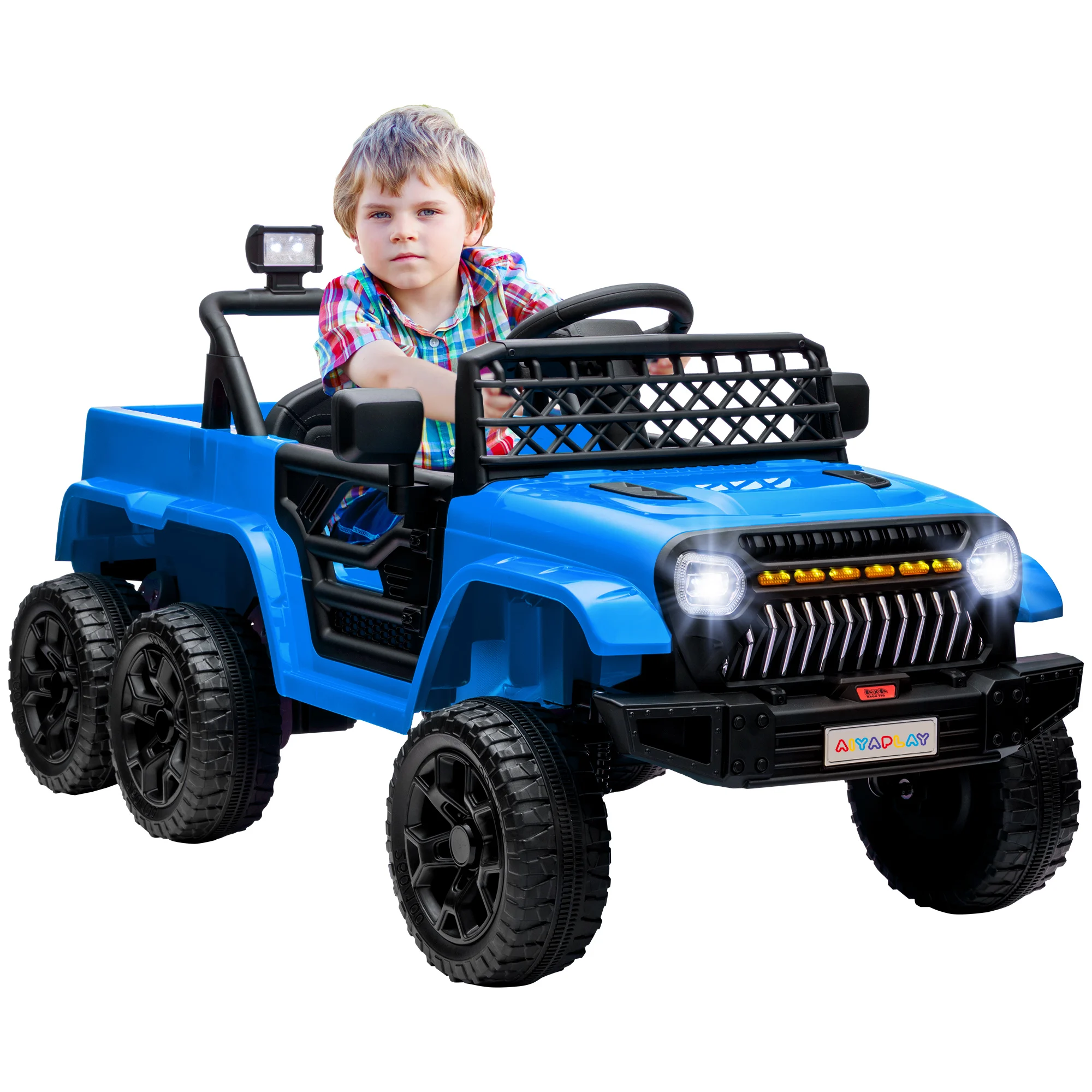 Voiture électrique pour enfants 12V avec remorque, lumières LED, musique et klaxon, adaptée aux enfants de 3 à 8 ans, voiture électrique jouet pour enfants, bleu clair, voiture électrique pour enfants