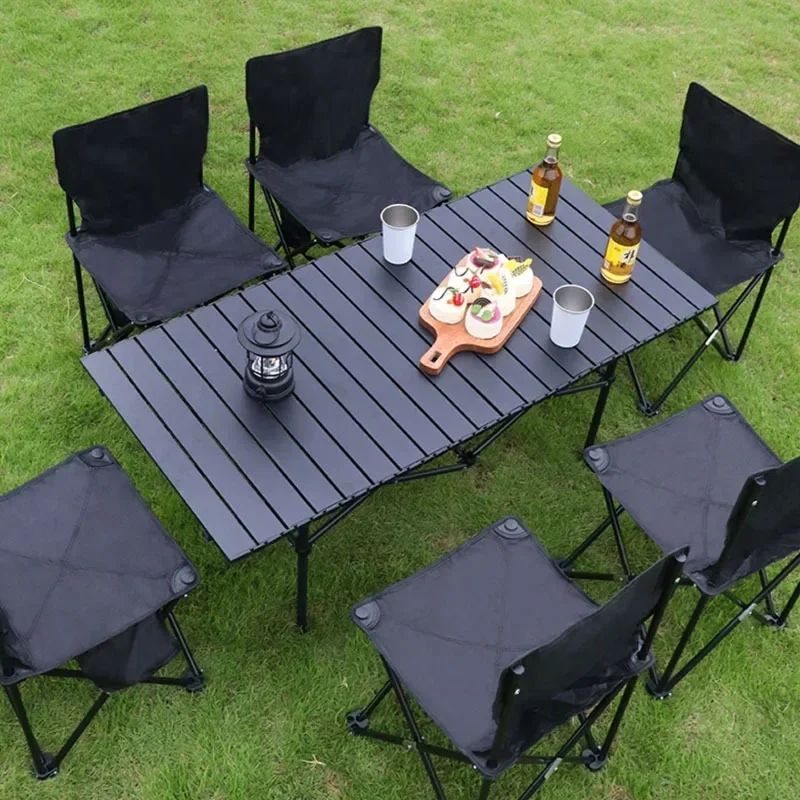Klapptisch für den Außenbereich, Stuhlset, tragbarer Frühlingsrollentisch, integrierte Tischplatte, Mahlzeit, Picknick, Campinggrill