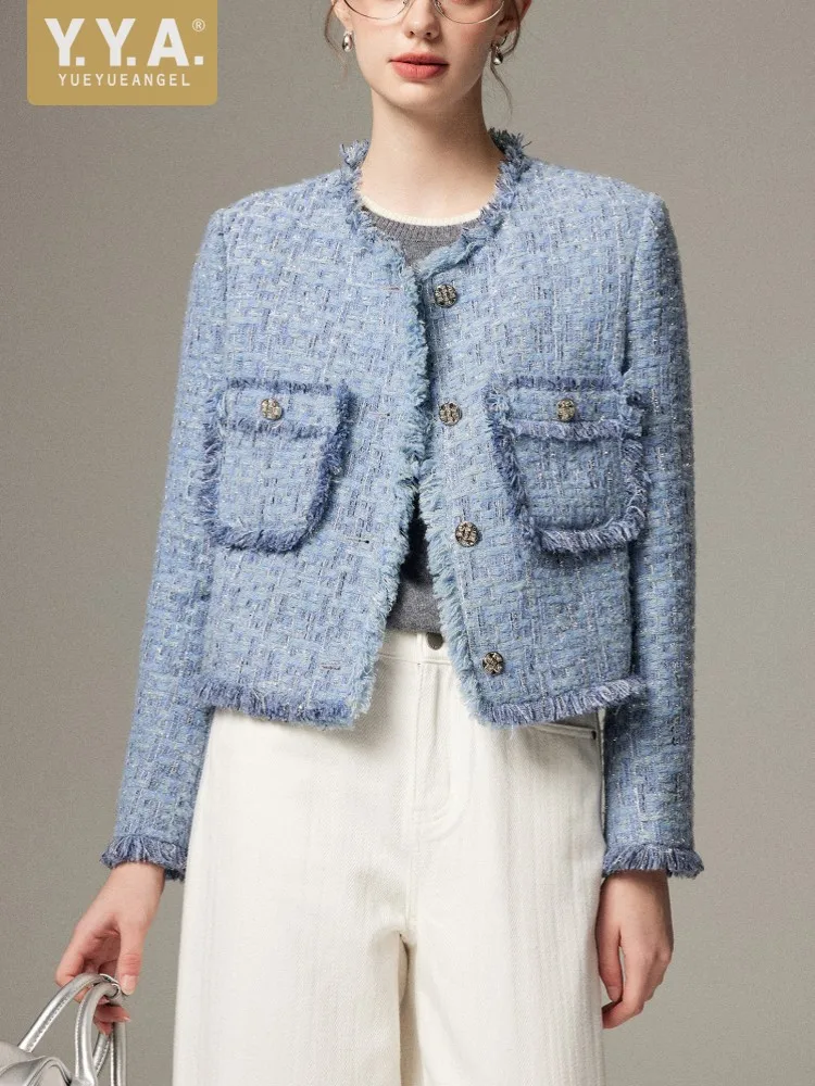 Modische Designer-Damenjacke Eleganter Tweed-Strick Einreihiger Mantel im Französischen Stil Damen O-Ausschnitt Lässiger Kurzmantel mit Langen Ärmeln Image