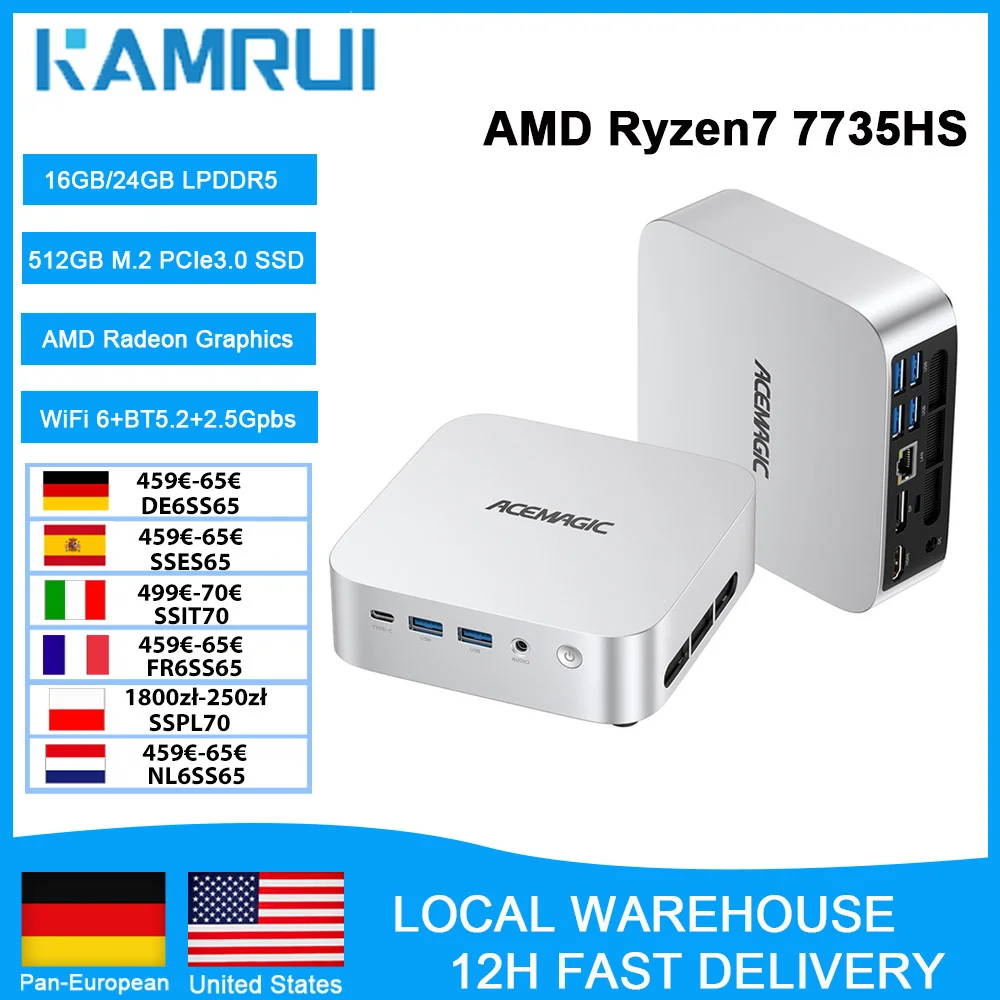 Mini PC KAMRUI AMD Ryzen 7 7735HS, 8 cœurs, 16 threads, 24 Go de mémoire LPDDR5, 512 Go de SSD NVMe PCIe3.0, WiFi 6, carte graphique Radeon, ordinateur de bureau pour jeux 4K