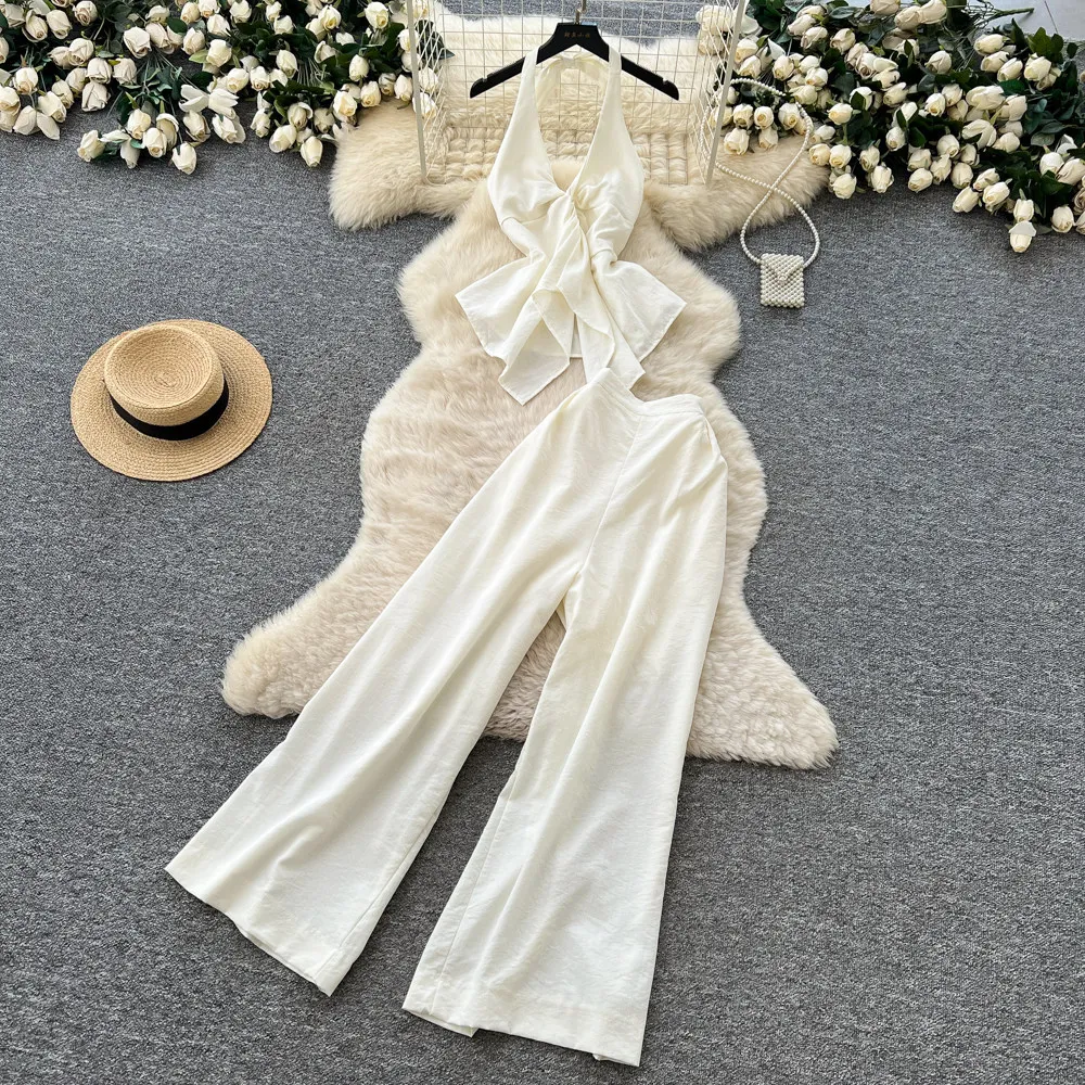 Damen Hosen-Set Zweiteiliges Set Neckholder Ärmellose Sexy Tops Rüschen Weite Lange Hosen Hohe Taille Y2k Streetwear Elegant 2026 Image