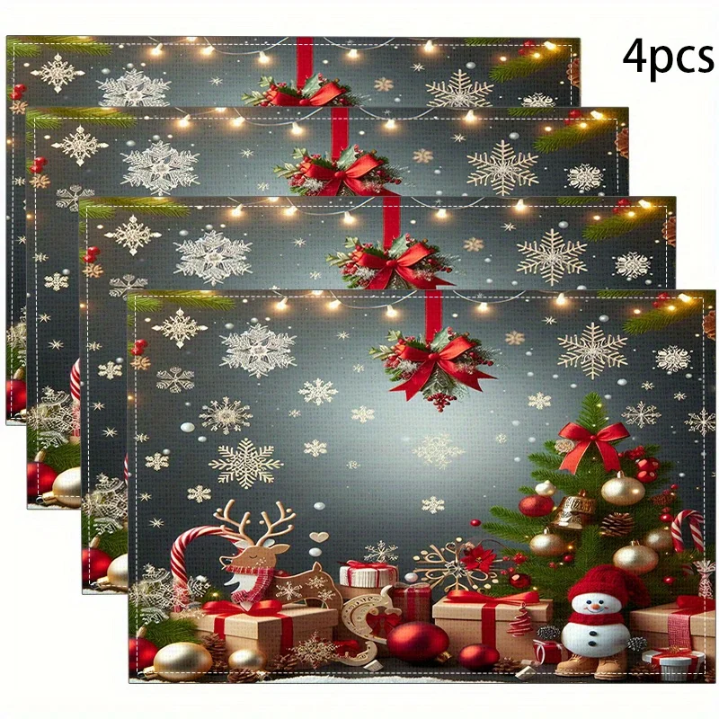 VIKAMA 4-teilige wasserdichte Tischsets mit Weihnachtsmotiv, leicht zu reinigende Familienfeiern, Weihnachtsfeiern, Feiertags-Tischdekoration Image