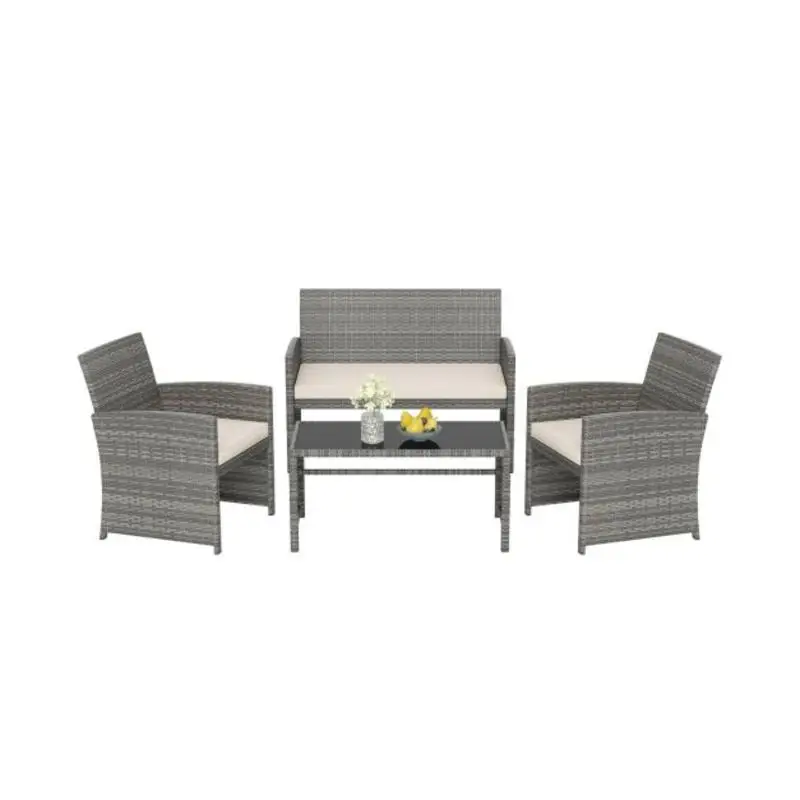 4-teiliges Terrassen-Sitzgruppen-Set aus Rattan mit Stuhl, Zweisitzer und Tisch – Off-White