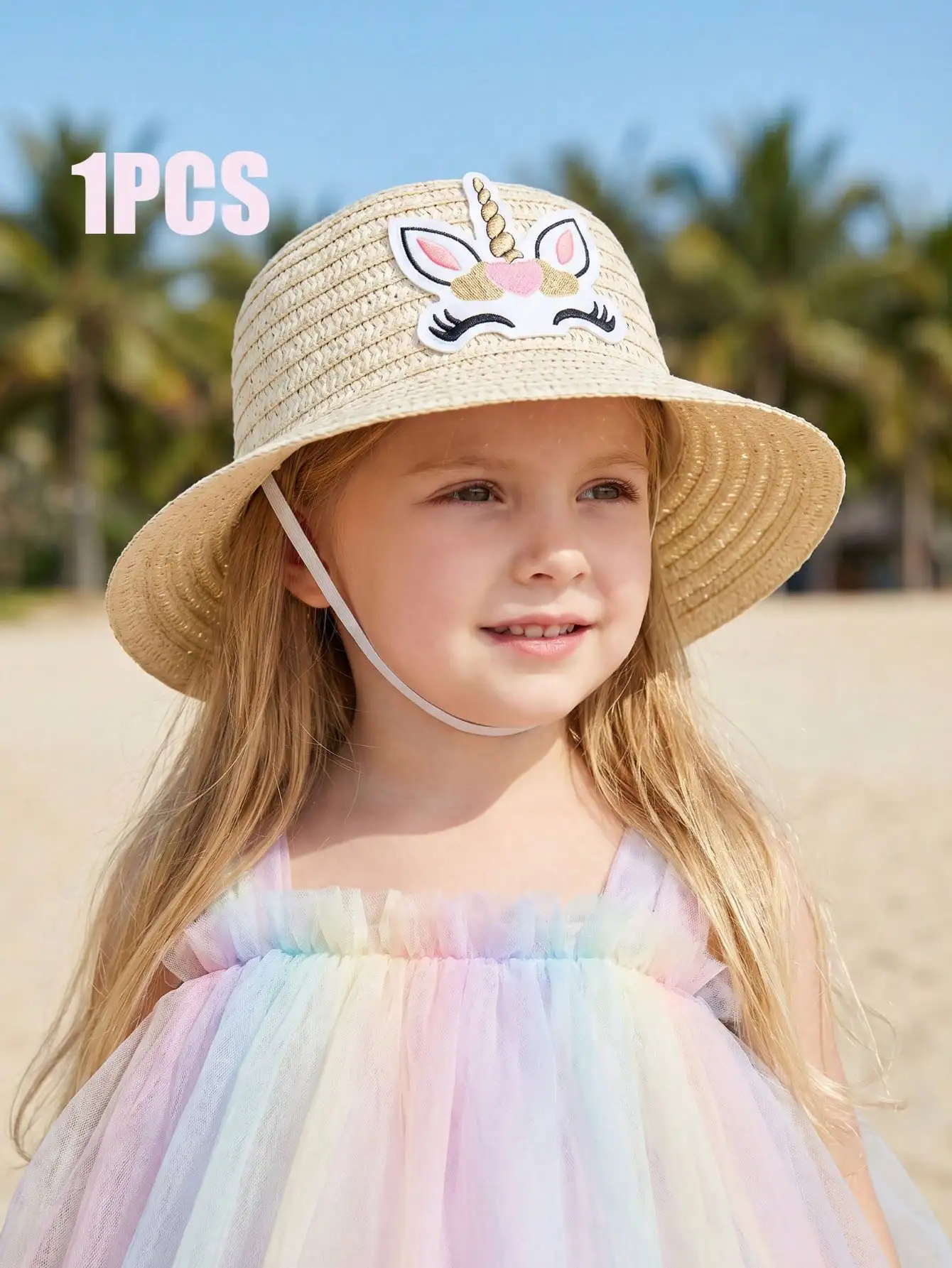 1 Stück Mädchen-Sonnenhut mit Cartoon-Einhorn-Motiv, beige, Strohhut, Sommer, Outdoor, Strand, Sonnenhut, 2–6 Jahre Image