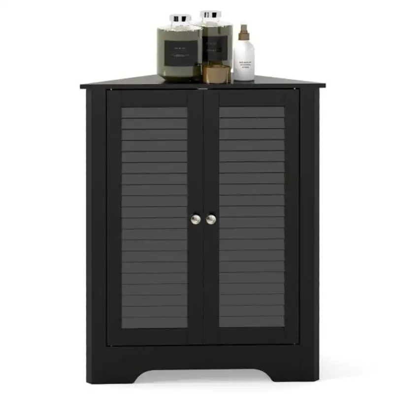 3-stöckiger Eckschrank mit 2 Türen und verstellbarem Regal, platzsparender Bodenorganizer, Schwarz