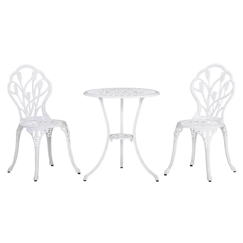 Ensemble salon de jardin 2 places 2 chaises + table ronde en fonte d'aluminium imitation fer forgé blanc