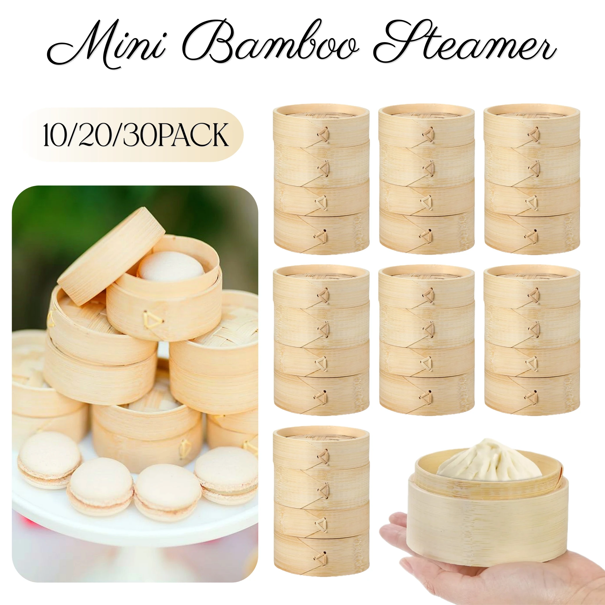 10–30 Stück 3-in-1-Mini-Dampfgarer aus Bambus, Vorspeisen-Display, für Hochzeitsgeschenke, kleine Knödel, Party, Babyparty, Geburtstag Image