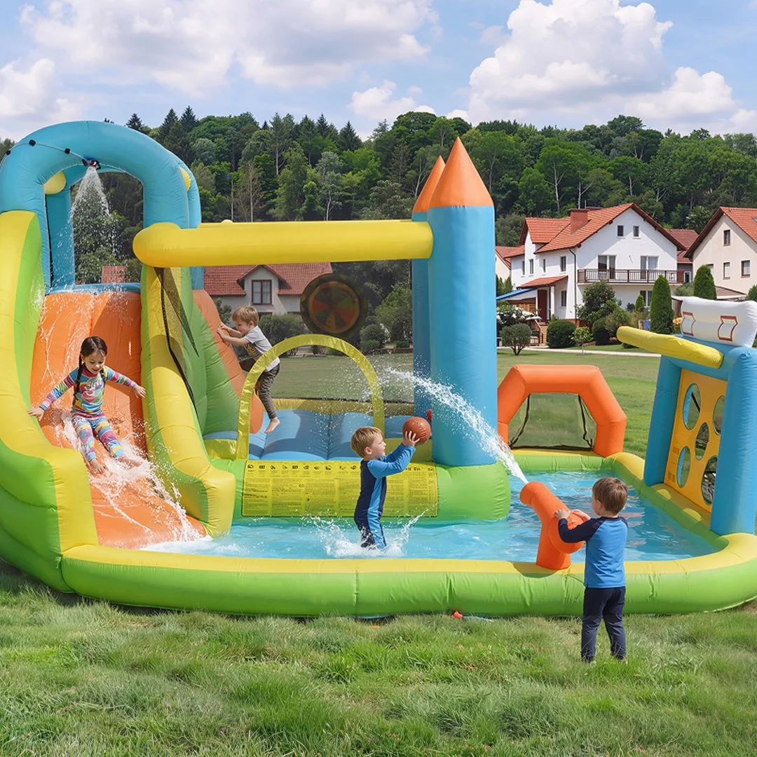 Kinder-Hüpfburg, Aufblasbare Hüpfburg für Kinder von 3-10 Jahren, Outdoor-Schloss-Hüpfburg mit Gebläse, mit Rutsche und Sprungbereich Image