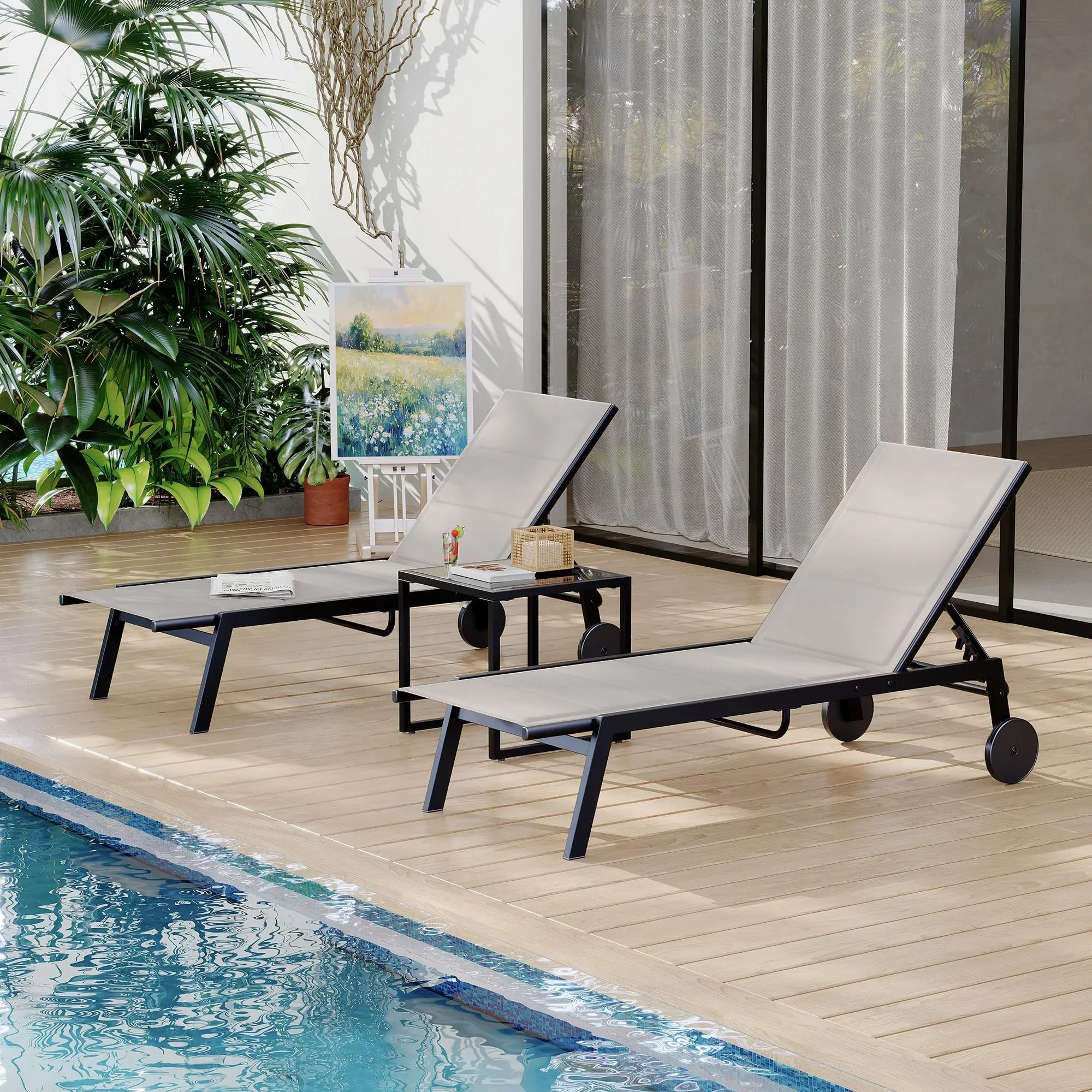 atio Textile Chaiselongue-Stühle mit Beistelltisch, 3er-Set Outdoor-Chaiselongue-Set mit Rollen, 5-stufige Rückenlehne, Poolliege