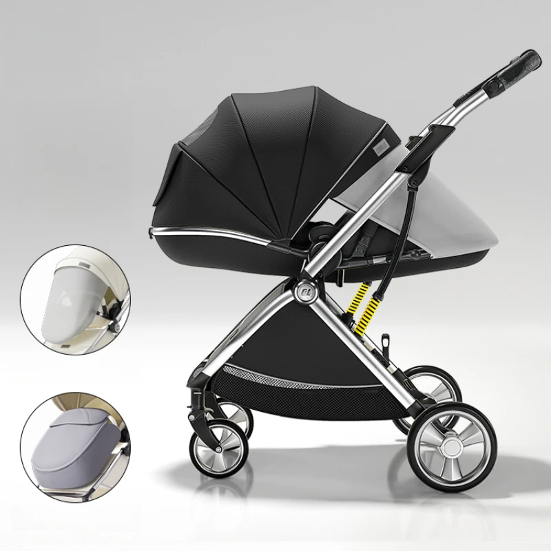Hochansicht-Kinderwagen, leichter und faltbarer Kinderwagen, der sitzen oder liegen kann. Zwei-Wege-Vierrad-Kinderwagen mit Geschenken Image