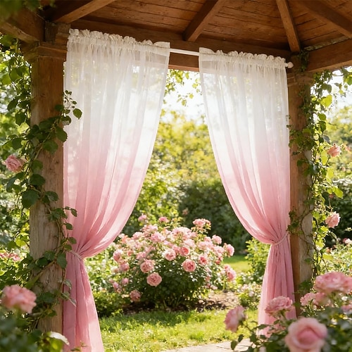 Transparente Outdoor-Gardine für Terrasse, 1-teilig, wasserdicht, mit Stangendurchzug, Farbverlauf, Voile-Gardine für den Innenbereich, geeignet für Wohnzimmer, Schlafzimmer, Veranda, Pergola, gelb, B Image